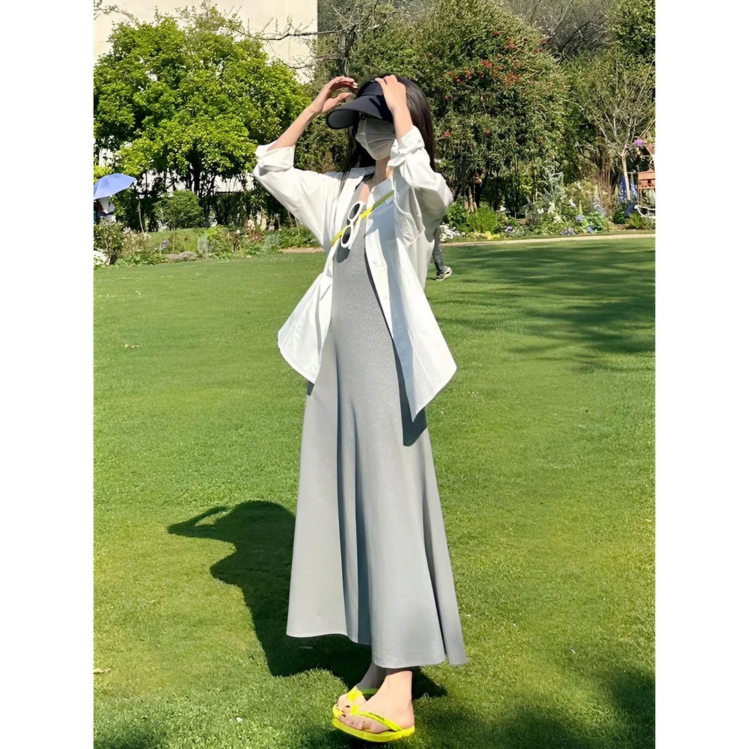 2025秋季新款休闲慵懒度假风中长款吊带连衣裙薄款防晒衬衫两件套