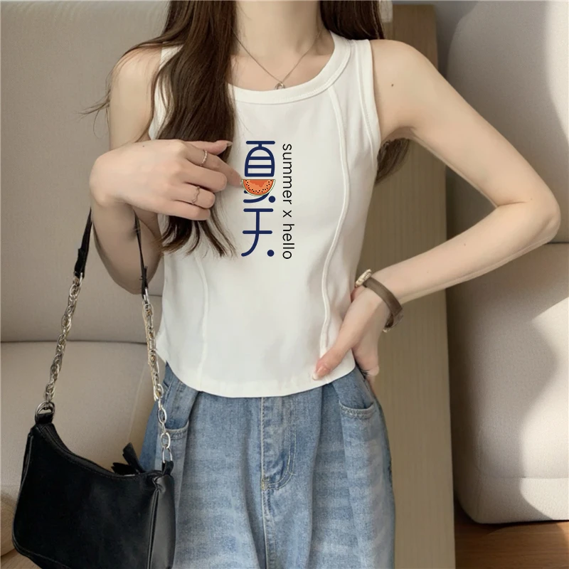 韩版运动吊带辣妹背心女印花百搭夏季修身设计感打底无袖外穿上衣