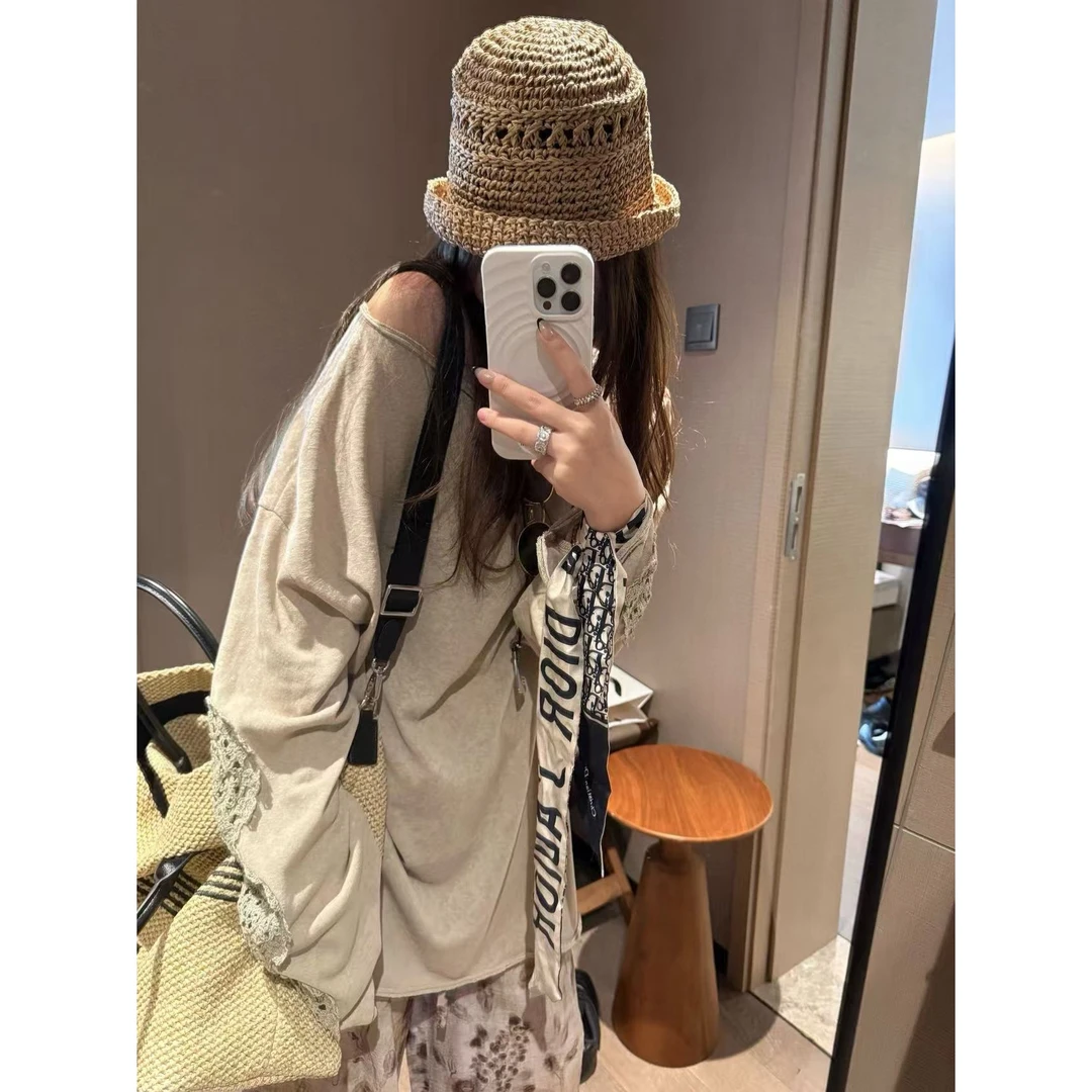 SP 袖口镂空勾花松弛感防晒罩衫t恤夏长袖宽松慵懒上衣服亚麻