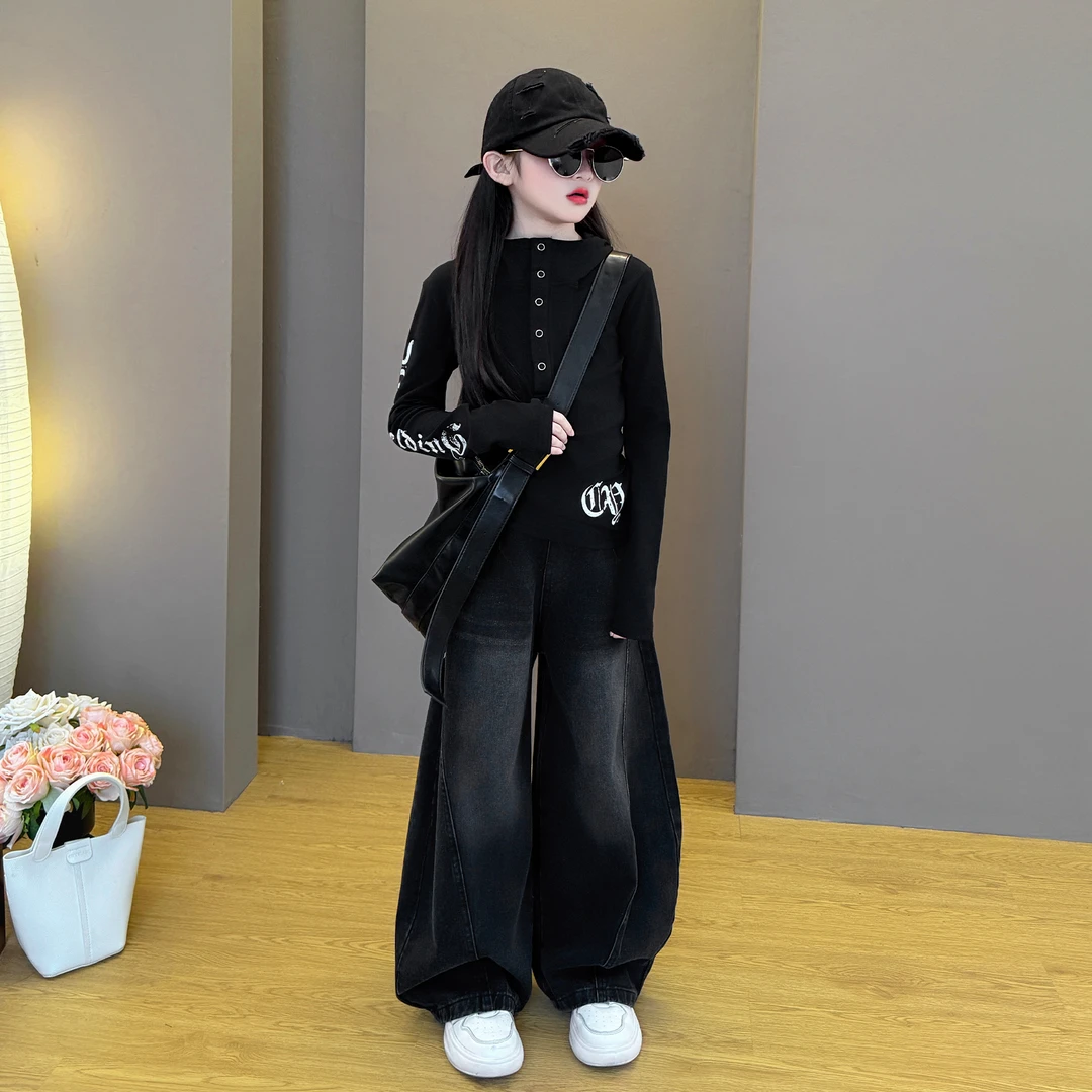 女童卫衣2025新款女韩系春秋季时尚上衣儿童春秋牛仔阔腿裤套装潮