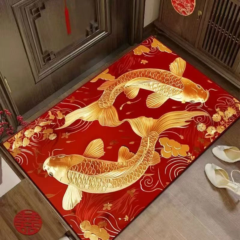 新年款锦鲤纳福门厅玄关地毯地垫升级水晶绒家用入户地毯