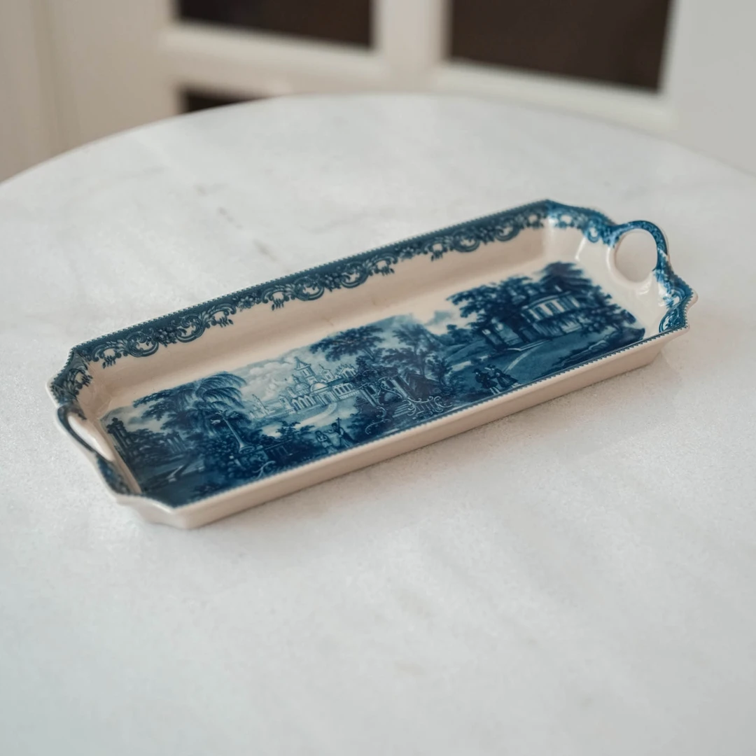 【奇居腾飞】西洋中古瓷器 蓝色风景双耳长方形盘子#H0035