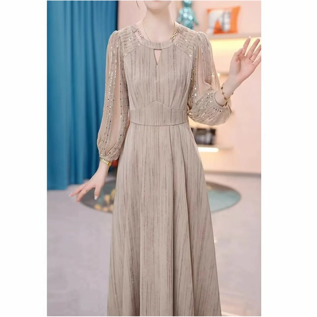 《晶晶粉丝专属》147时尚长款显瘦圆领长裙长袖连衣裙纯色复古常规