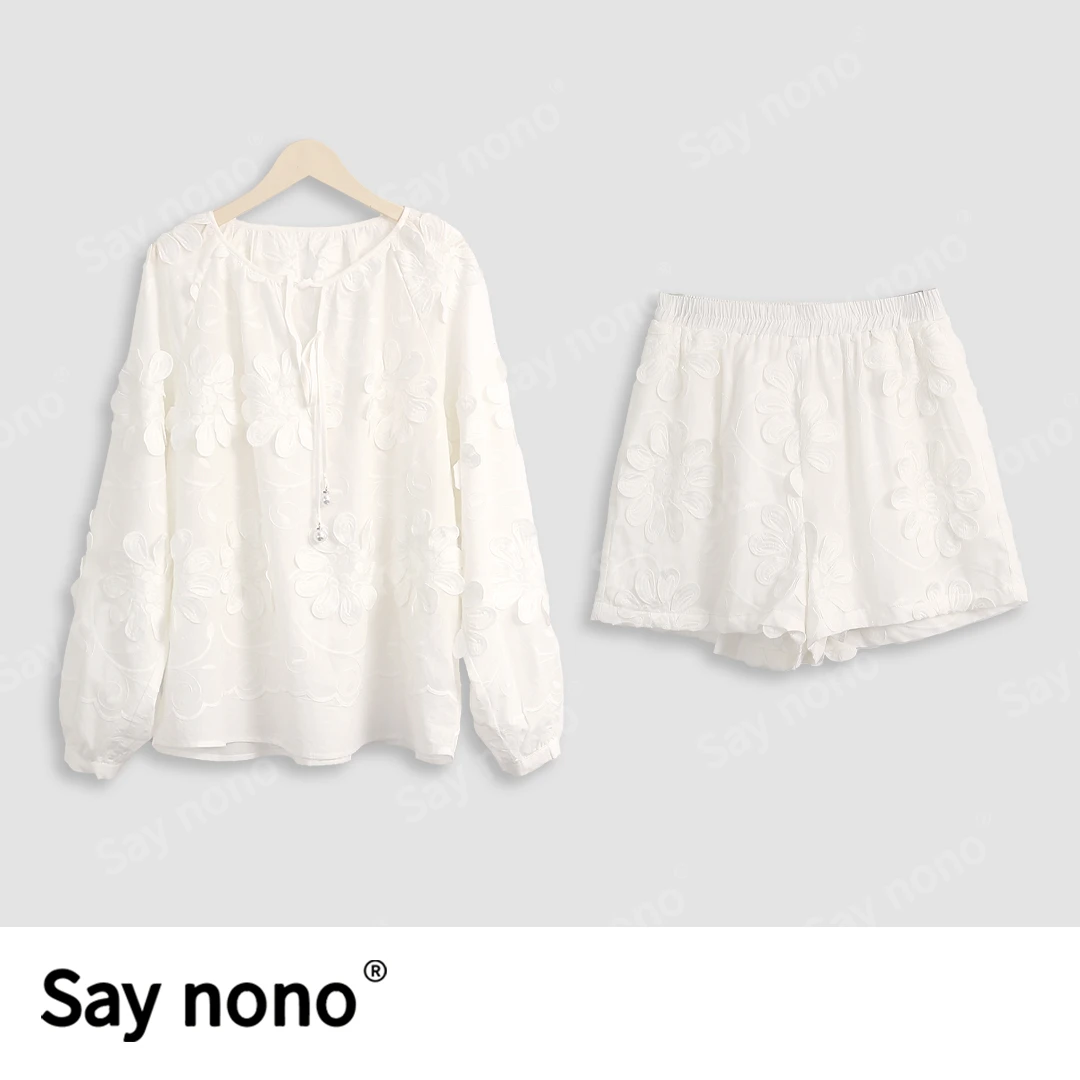 懒猫nono│Saynono 立体花朵系带上衣+短裤套装/ZC10018