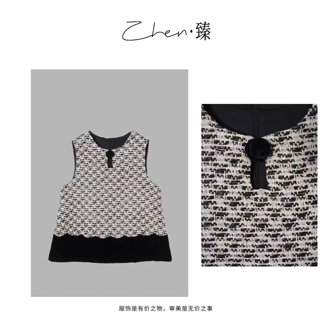 ZHEN.臻 南油欧版黑白编织格纹拼真丝丝绒时尚无袖马夹MJ8722Z