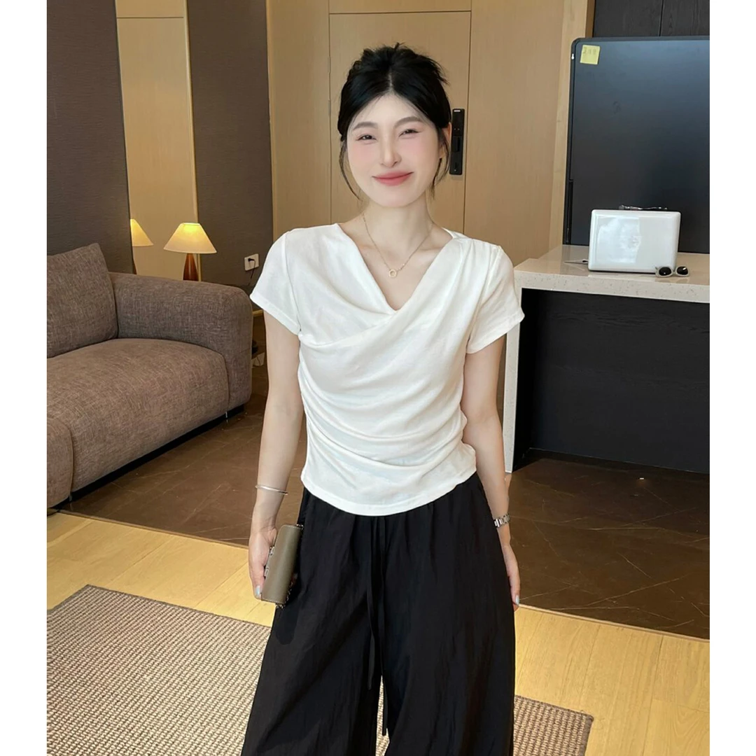 白色莫代尔荡领短袖t恤女夏季新款设计感小众修身显瘦短款上衣ins