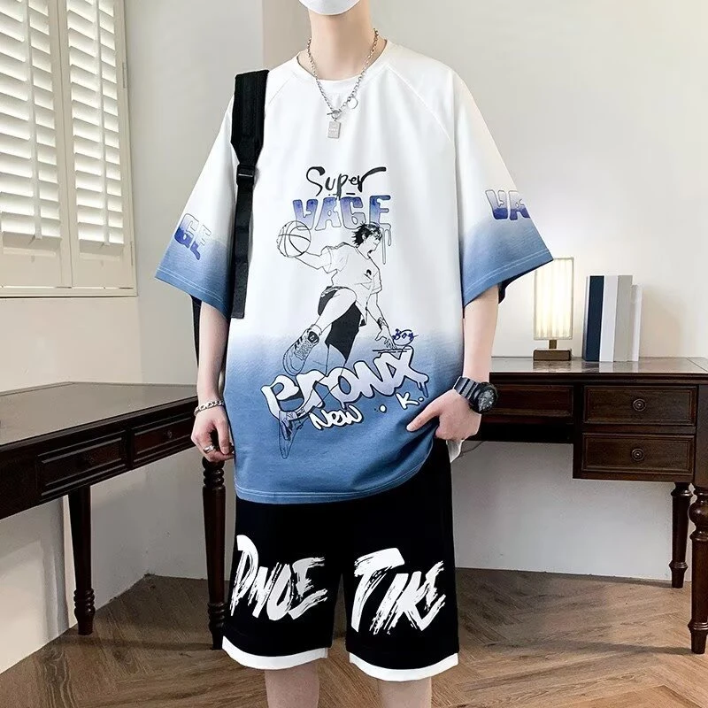 大码青少年短袖t恤套装男孩初中高中学生帅气夏装大童运动服一套