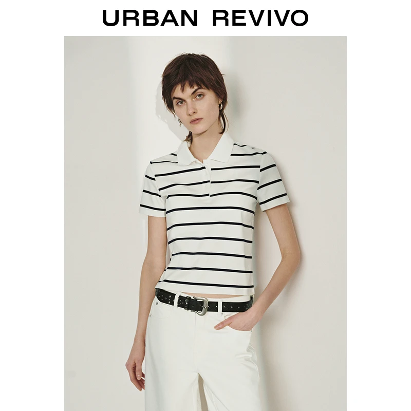 UR2025春季新款女装欧若风百搭撞色条纹Polo领短袖T恤UWM450021