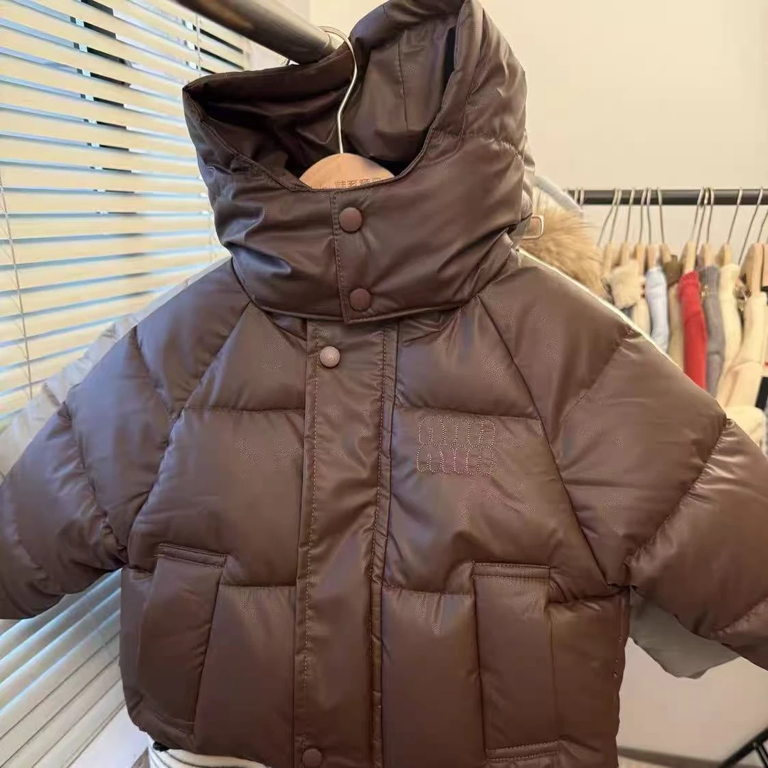 儿童三防免洗棉服男女童加绒加厚连帽PU皮外套中小童男童韩版外套