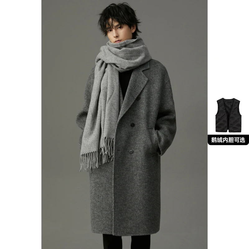 高级感双面羊毛呢大衣男中长款宽松秋冬季呢子男士风衣外套DL689