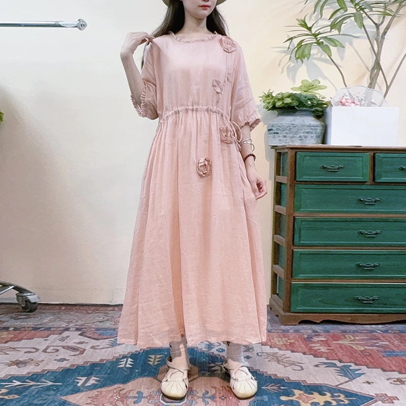 梅子家高端香云纱苎麻双层气质连衣裙女夏季新款盘花朵收腰长裙子