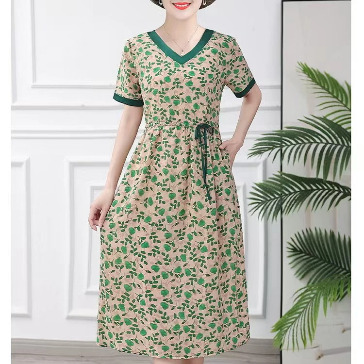 10241-夏季新款时尚洋气中年短袖连衣裙显瘦妈妈装【A仓货架】