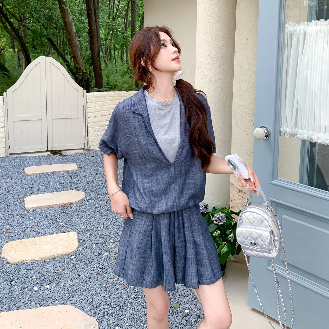 假两件棉麻短袖短裤套装女夏季宽松显瘦慵懒风百搭时尚休闲两件套