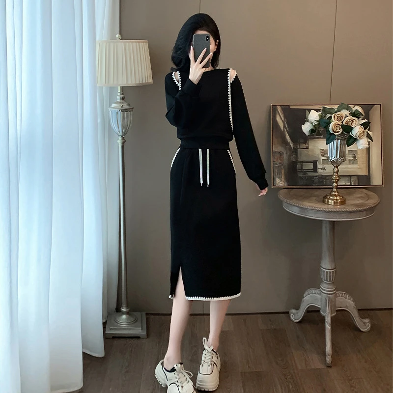 2025春秋冬新款时尚休闲气质显瘦套装黑色长袖法式开叉早秋套装