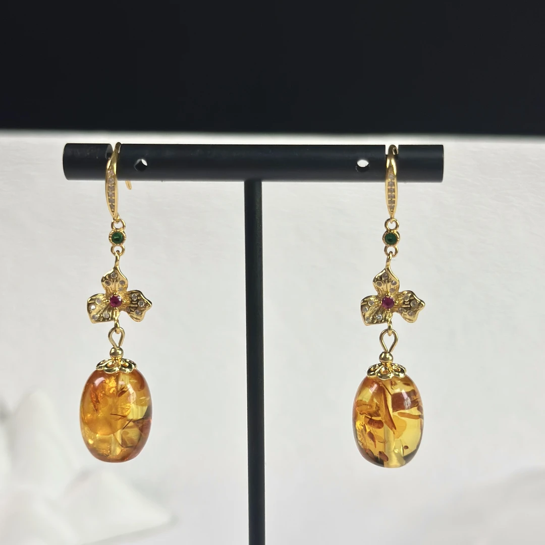 美创珠宝天然原矿琥珀俄罗斯花珀设计款减龄耳饰耳环