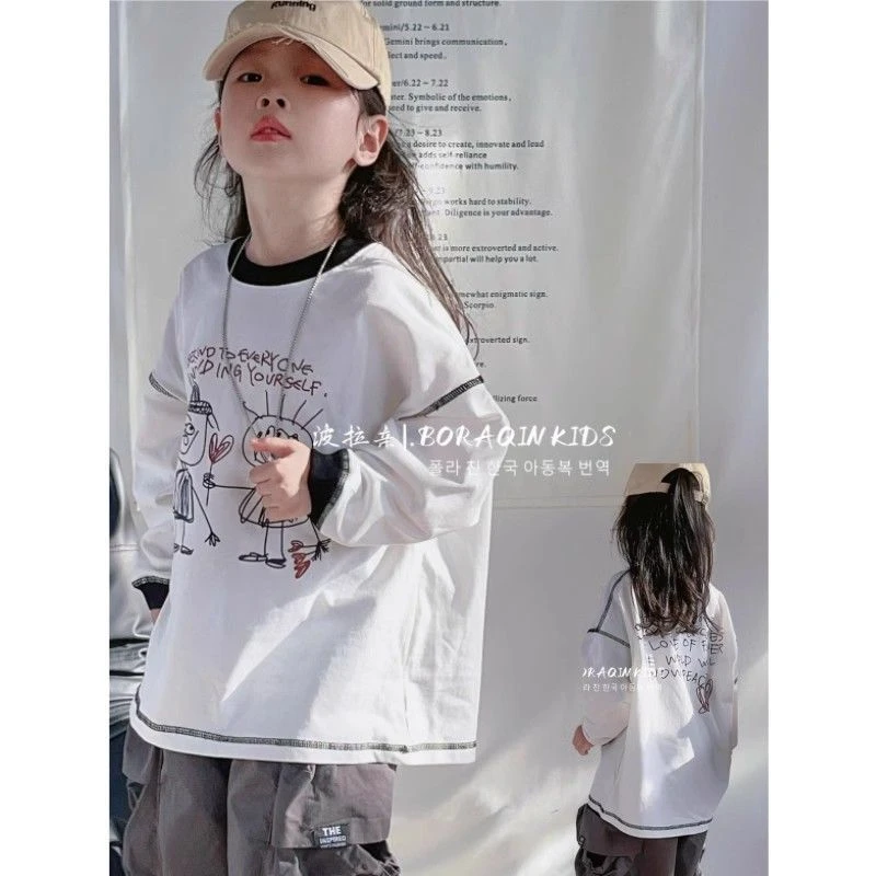 韩系女童卡通车缝线纯棉长袖恤中大童休闲男女宝宝百搭圆领上衣