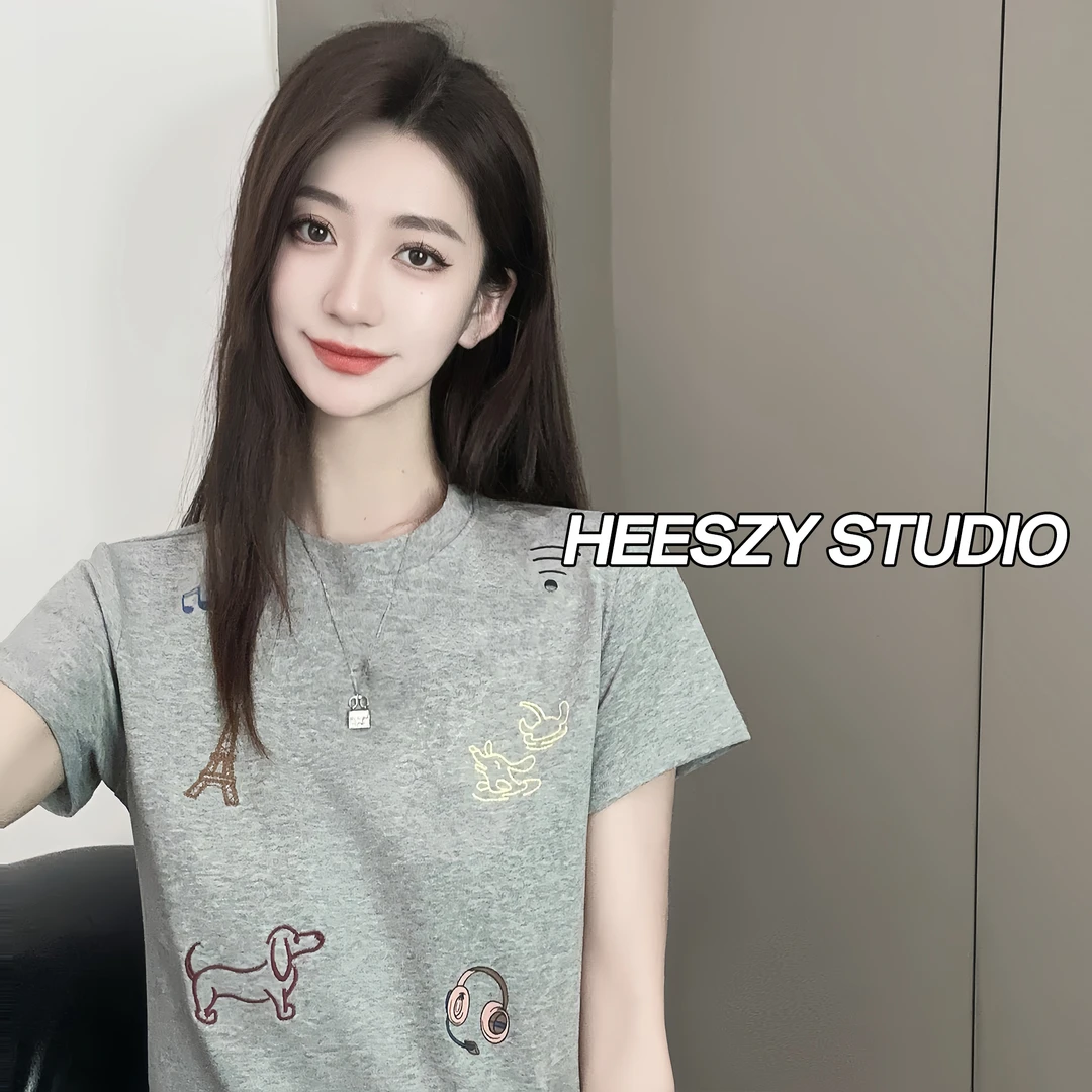 艾格2025夏季卡通小狗圆领短袖洋气印花图案百搭T恤