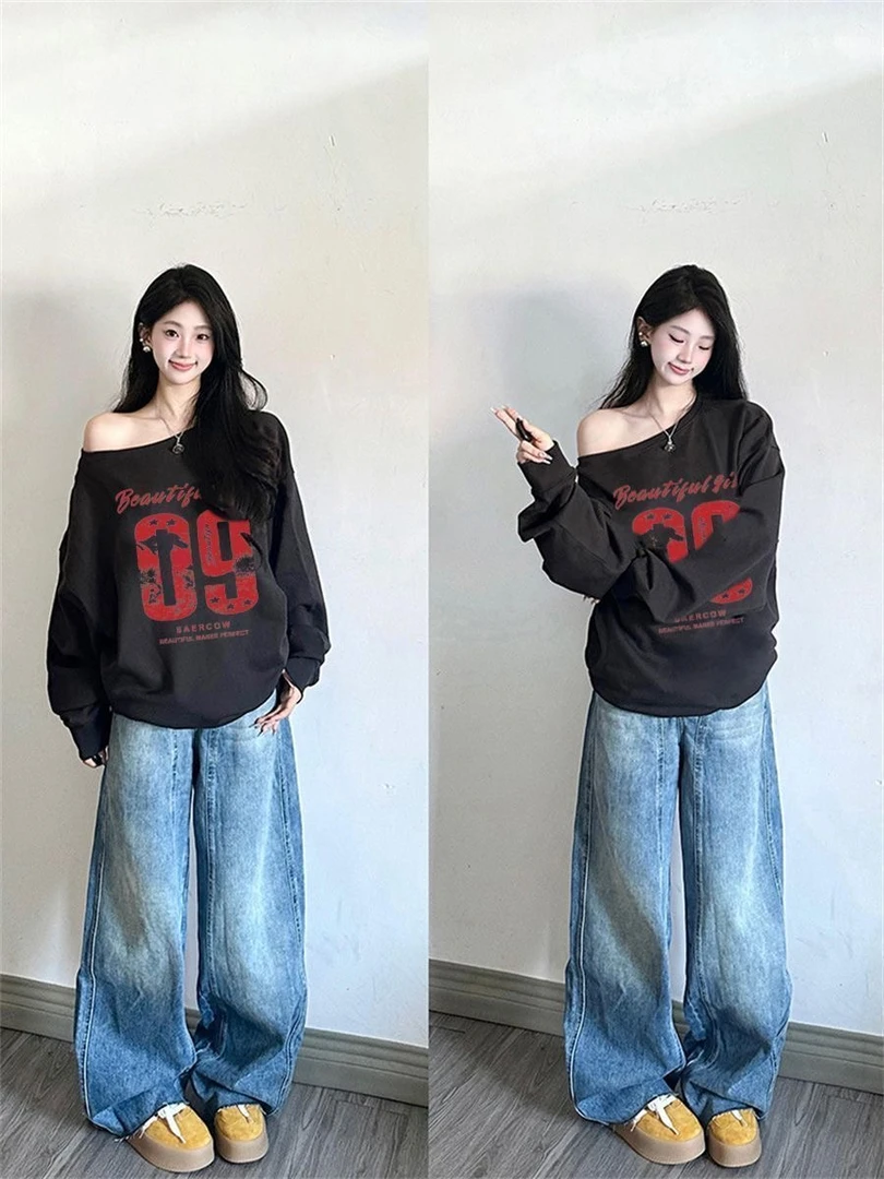 不起球高街嘻哈显瘦休闲秋冬季斜肩卫衣女装宽松百搭长袖加绒加厚