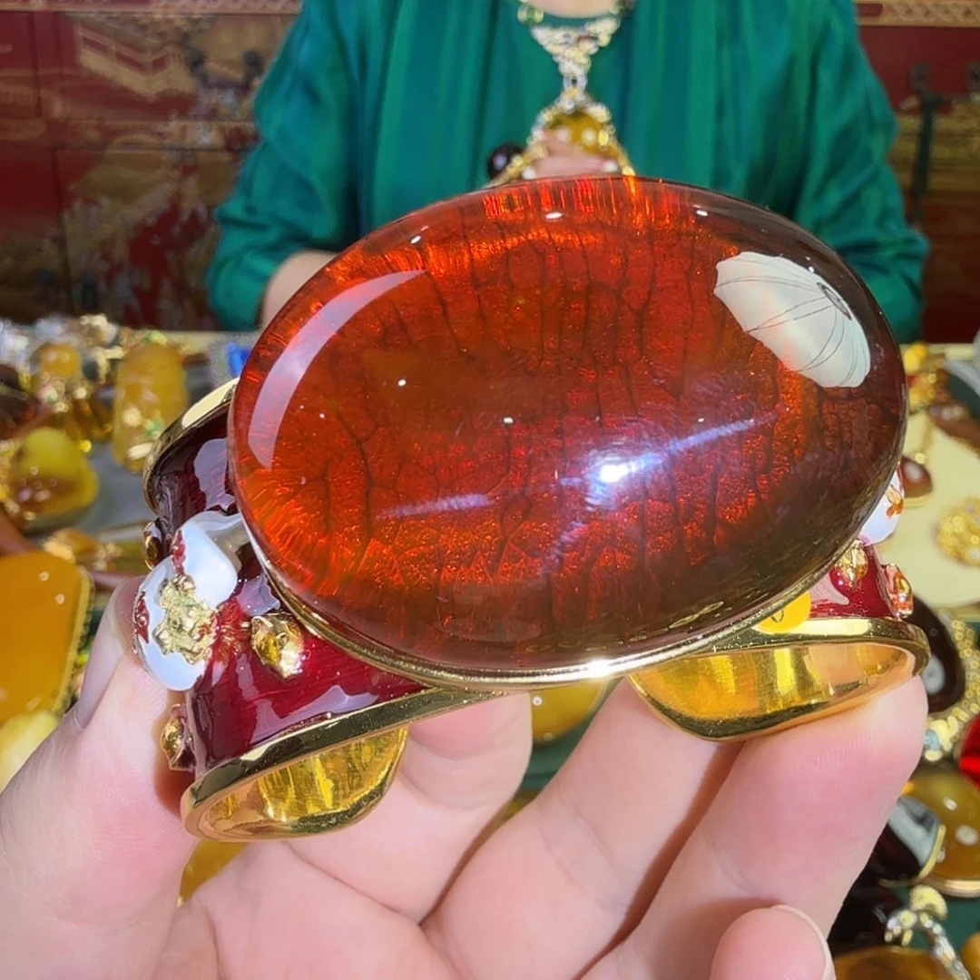 琥珀银S925镀金镶嵌手镯93克