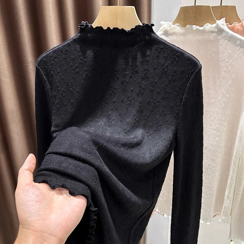 黑色韩系慵懒感宽松针织提花蕾丝衫女春秋冬内搭木耳半高领打底衫