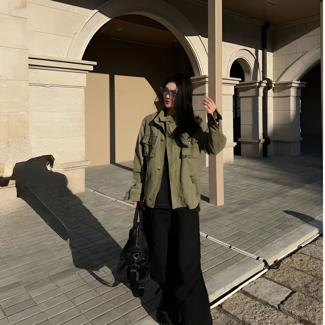 Rebornmoi【vivi老板娘】军绿立领工装外套衬衫男女同款CY239