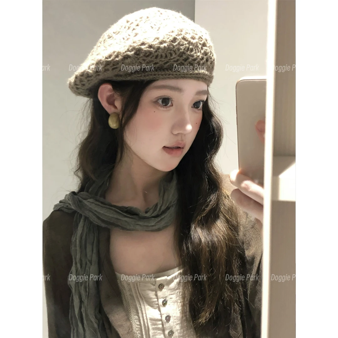狗狗公园｜钩针纹理贝雷帽子女纯色马海毛森系百搭显脸小镂空复古