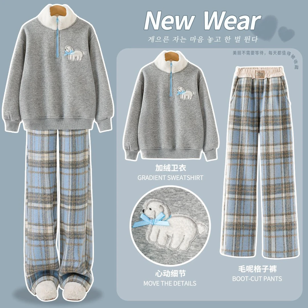 女童卫衣套装秋冬加绒加厚阔腿裤儿童洋气时髦两件套女孩冬装衣服