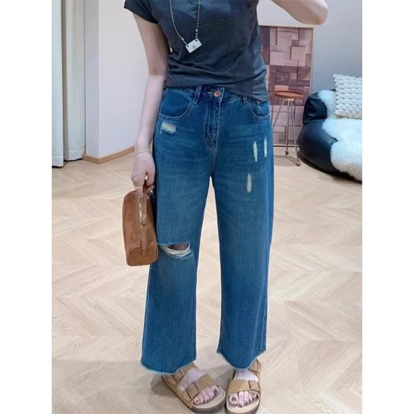 夏季新款宽松九分牛仔裤大码胖mm梨形身材破洞毛边窄版直筒阔腿裤