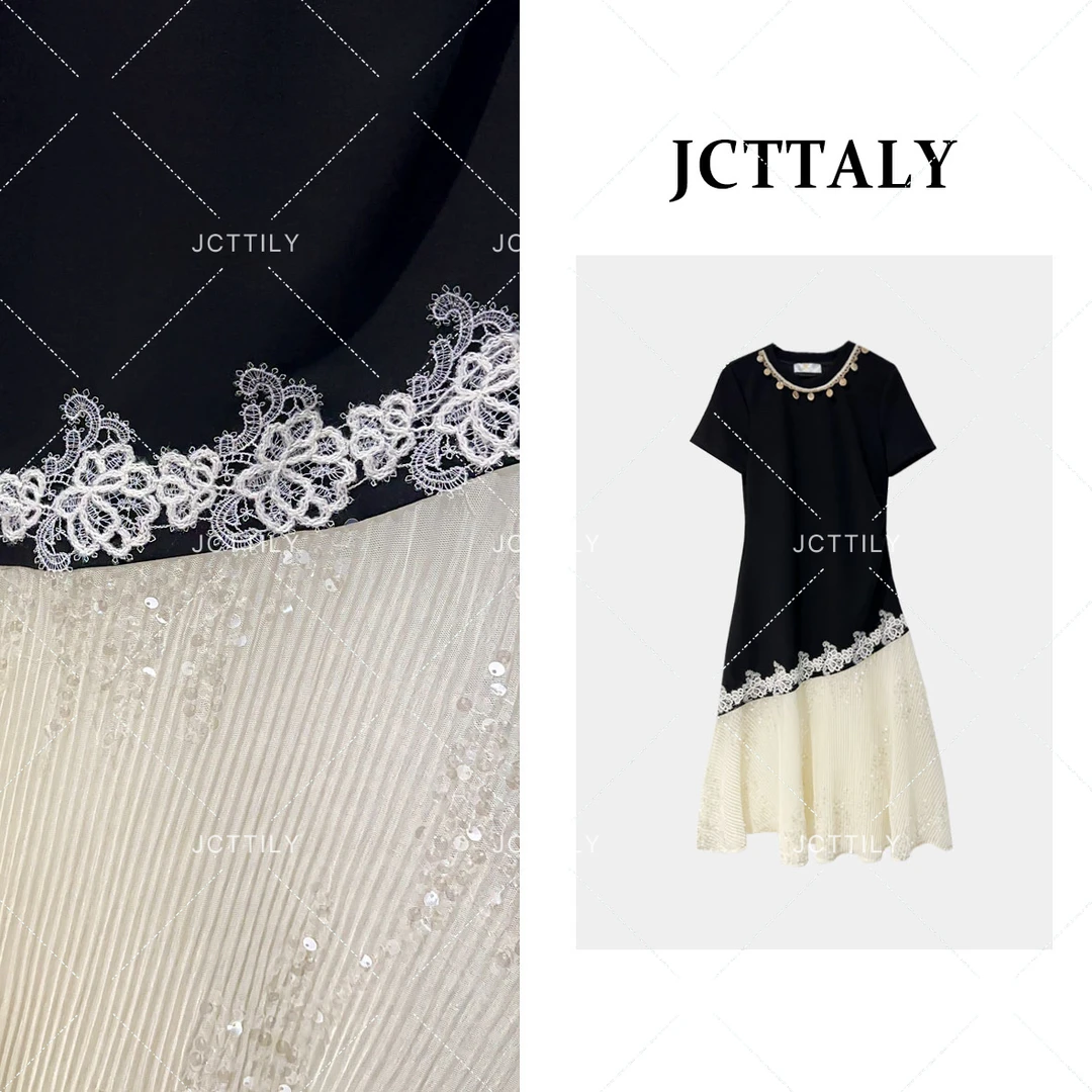 【宠粉价】法式优雅风拼接亮片纱裙女25夏季时尚显瘦连衣裙JC-A2924