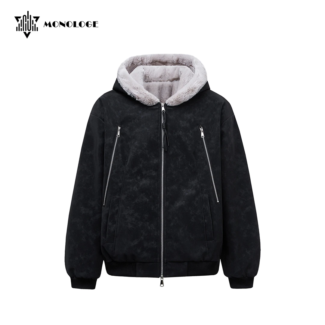 MONOLOGE大毛领座山雕皮外套冬季保暖宽松皮夹克荔枝软皮连帽棉服