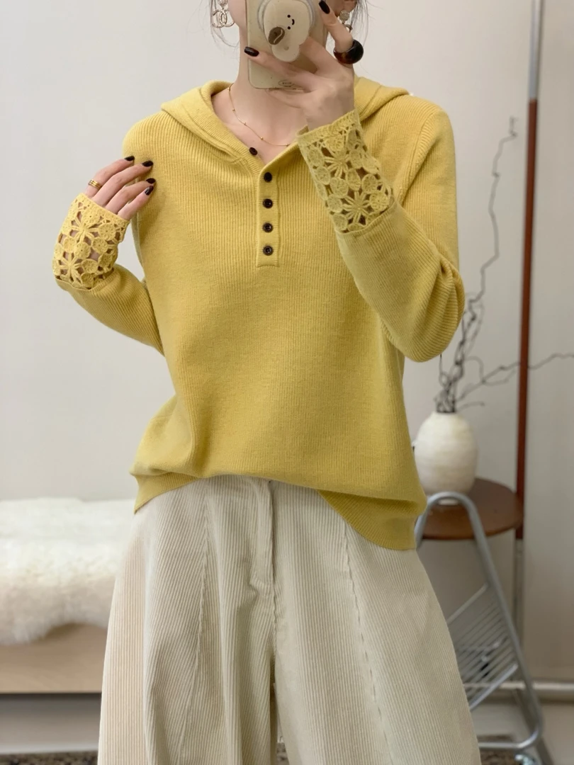 王姐专属-2025冬季新品欧货袖口镂空勾花连帽毛衣【佳-5189】