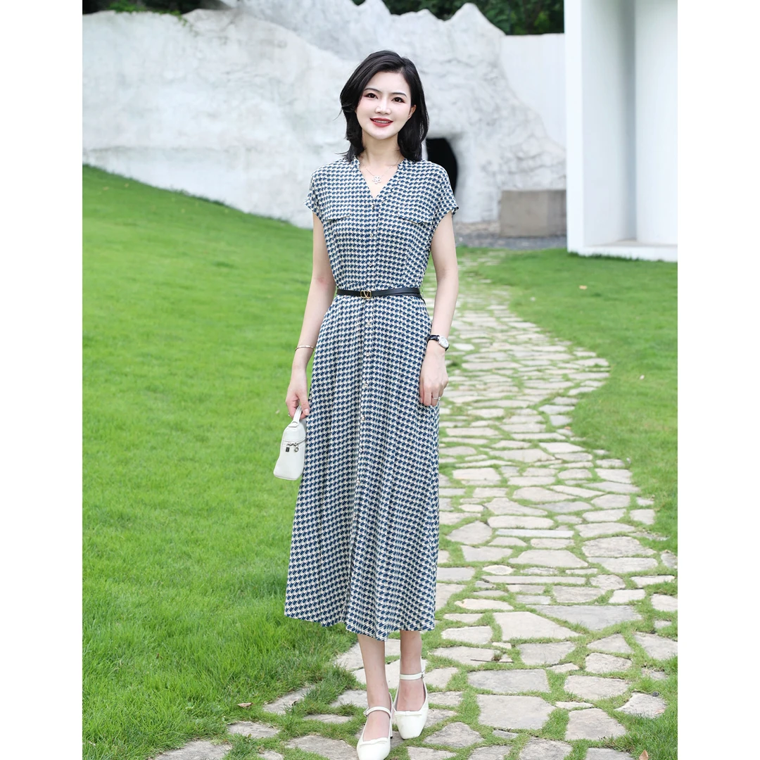 【桑蚕丝】枫竺阿楠anan气质V领千鸟格收腰中长连衣裙女夏真丝裙子