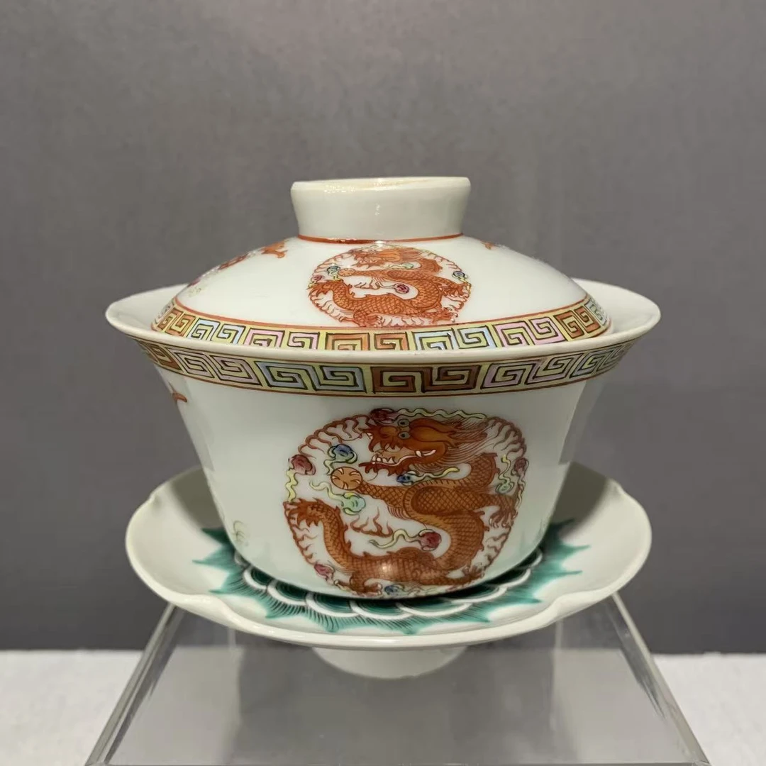 A0826014 民国 粉彩龙凤纹三才盖碗（高度10 碗口10）