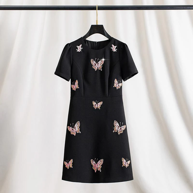 低调而精美~蝴蝶刺绣亮片钉珠连衣裙女夏季泡泡袖短袖高腰a字短裙