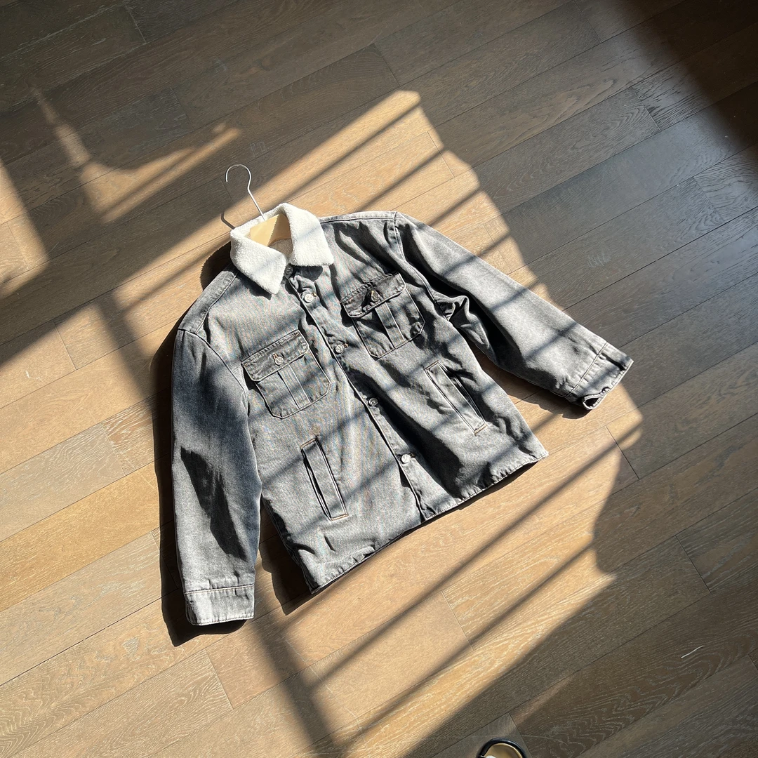 冬季翻领拼接加棉加厚牛仔保暖时尚翻领男士棉服