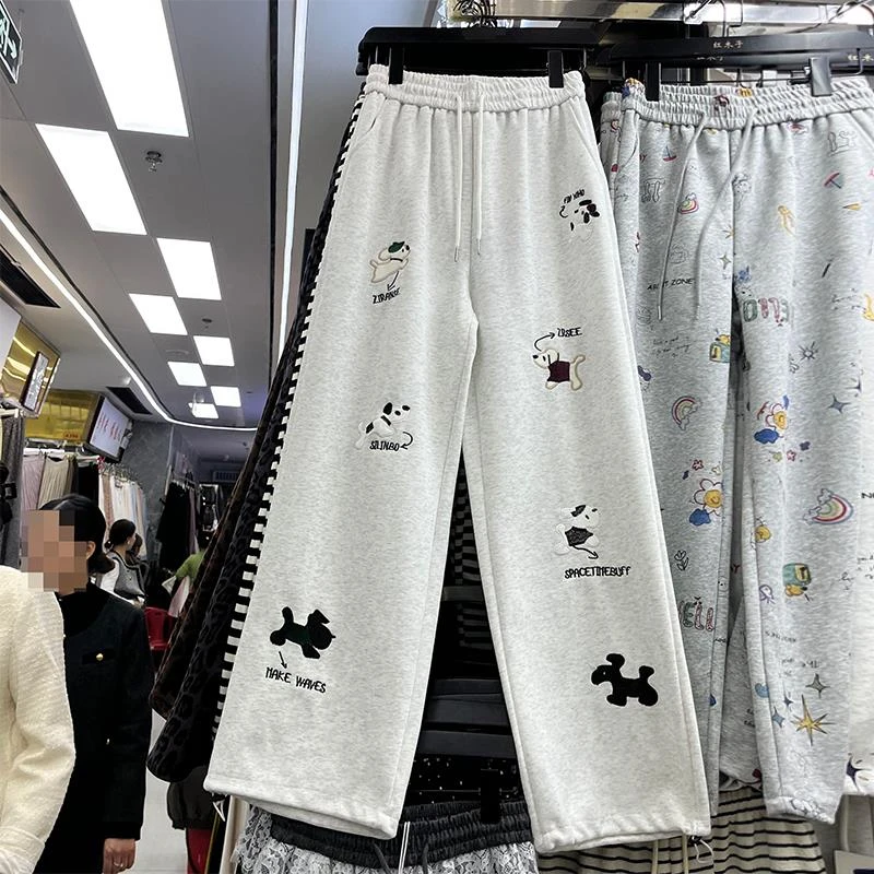 设计感提花几何图卡通休闲裤女2025春季系带直筒长裤