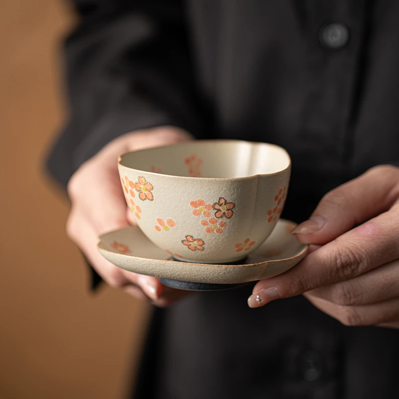 百垚纯手绘青花火石红蝴蝶茶杯杯垫家用创意敬茶杯品茗杯精致茶盏