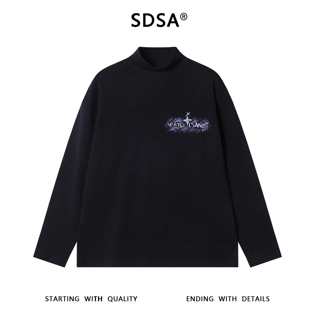 SDSA秋冬新款痞帅男装美式手绘字母印花半高领长袖T恤设计感百搭