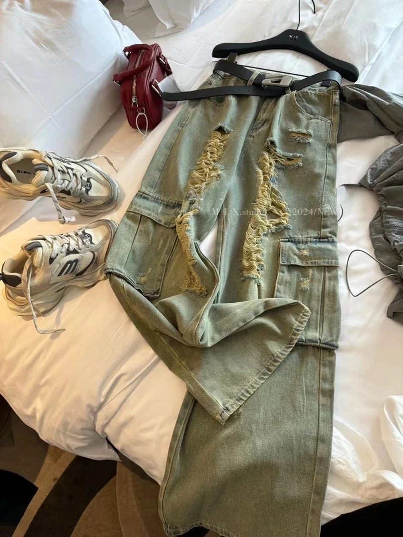 美式废土风复古做旧多口袋破洞牛仔裤女宽松显瘦阔腿休闲长裤