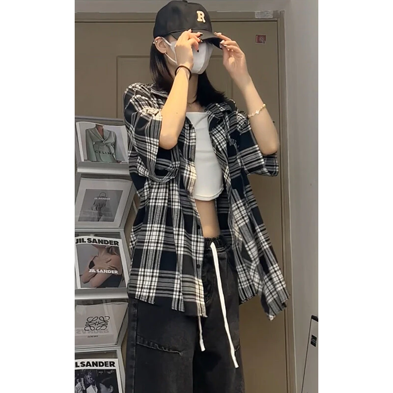 潮牌薄款透气短袖格子衬衫男士夏季新款中性风潮流大码复古衬衣