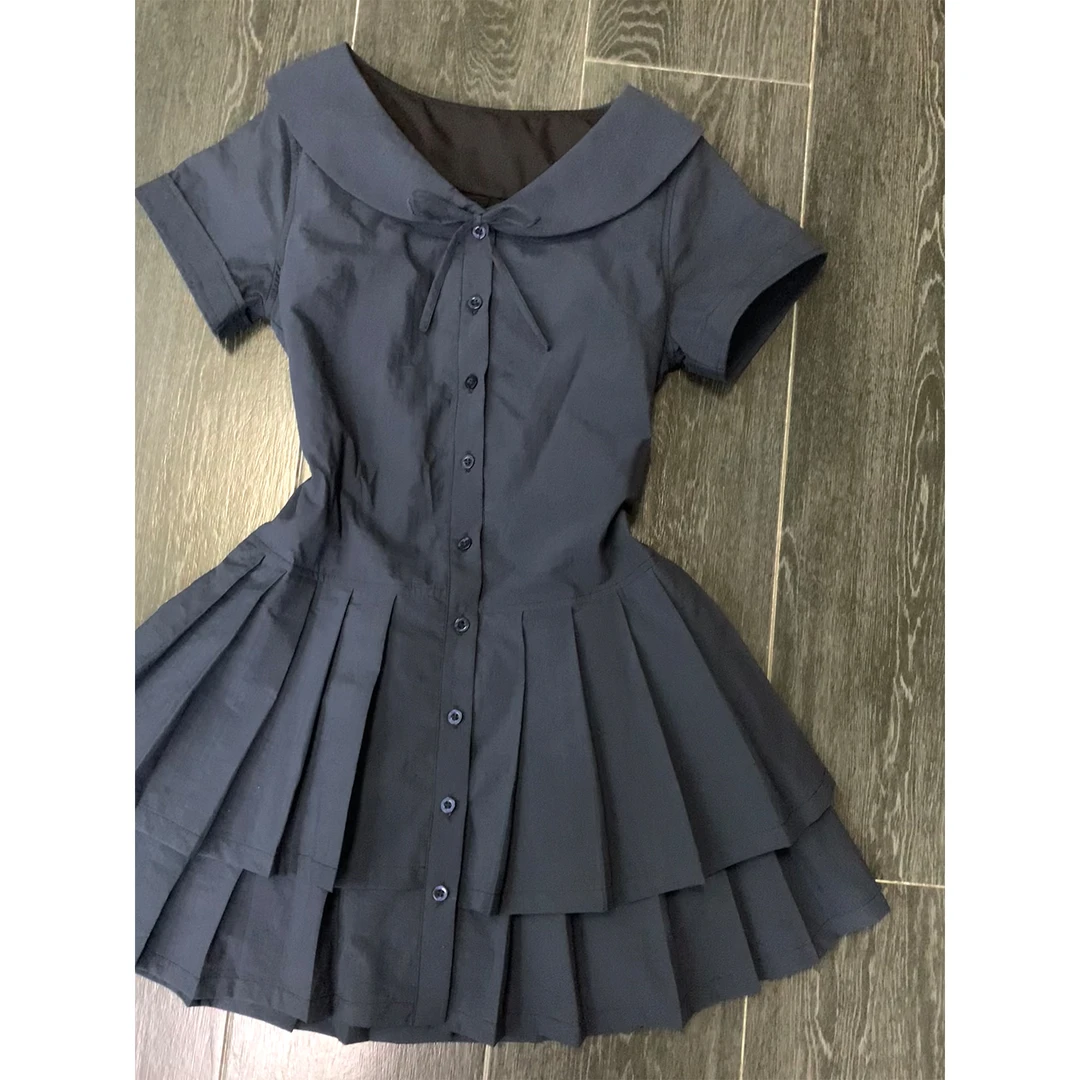 2025夏季新款学院风减龄少女感连衣裙娃娃领蝴蝶结百褶短款裙子