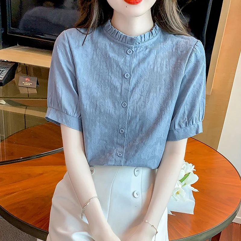 夏季2025年新款时尚减龄提花衬衫女士洋气显瘦荷叶领上衣薄款衬衣