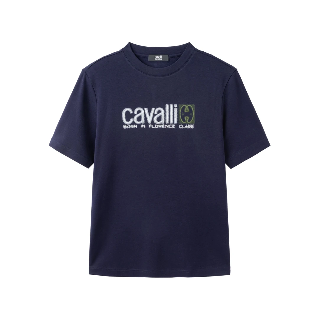 Cavalli Class卡沃利男士秋季新圆领宽松弹力刺绣印花简约短袖t恤