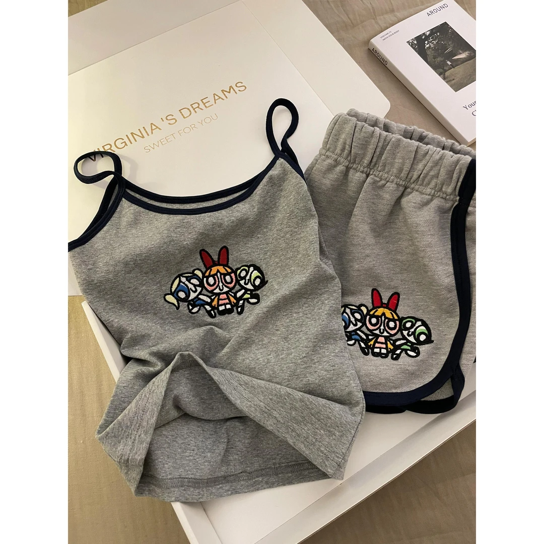 法式少女飞天小女警吊带睡衣女夏季2025新款宽松短袖套装居家服