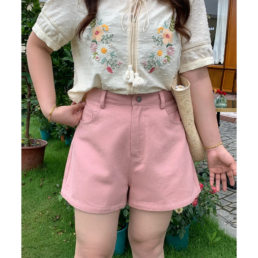 青苍【粉色格调】大头婷微胖夏季牛仔裤高腰阔腿A字洗水棉短裤