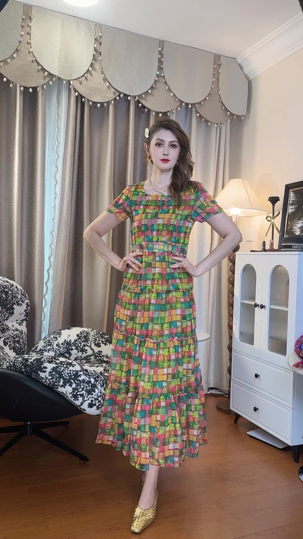 夏季时尚修身中印花长款女士连衣裙