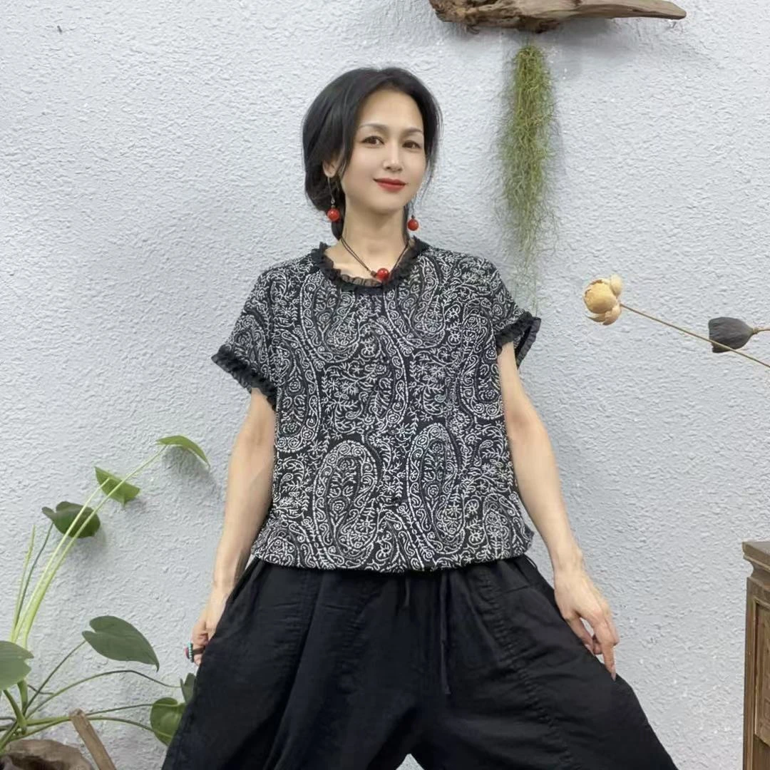 31128黑底腰果花木耳领固定扣丝麻上衣（长59胸围122