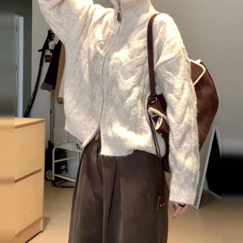 【现货+运补】韩系穿搭慵懒风高领毛衣加厚女秋双拉链外套7085