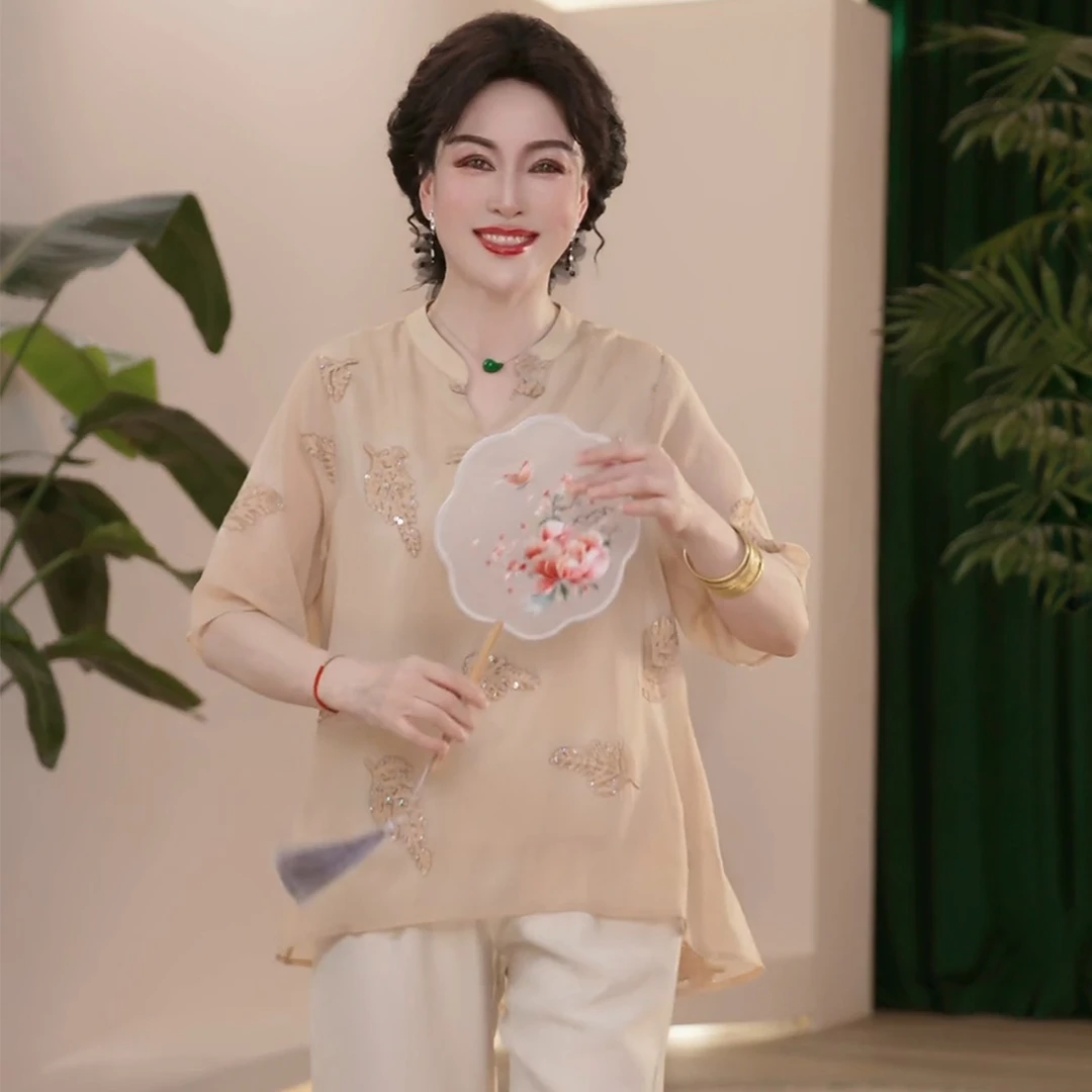 妈妈装2025春夏新中式国风上衣洋气V领衬衫中年女装宽松小衫套装