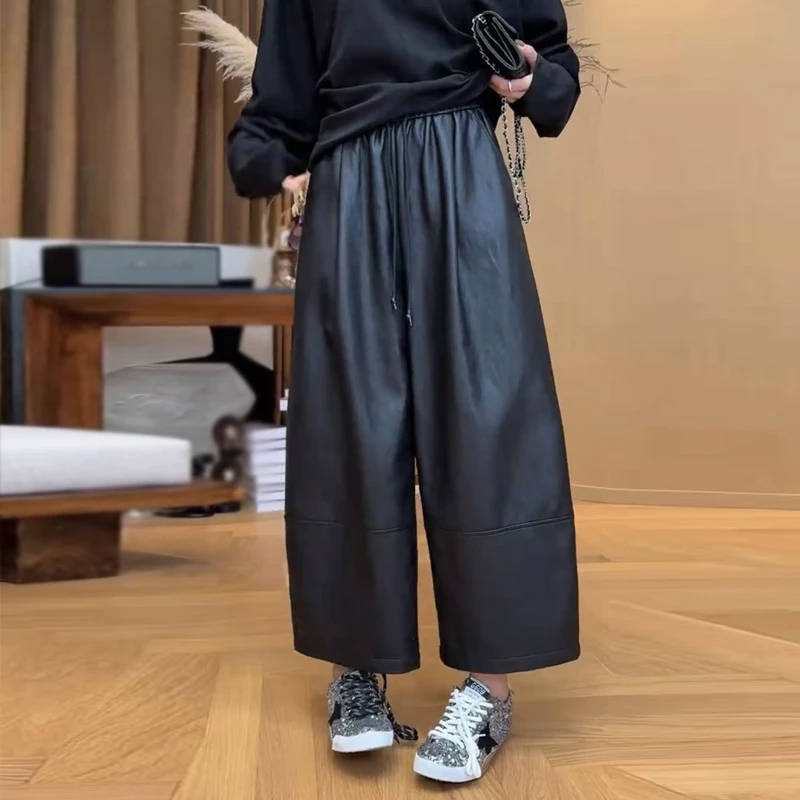 秋冬季显瘦百搭黑色蛋白皮裤女宽松老钱风休闲裤松紧腰九分阔腿裤